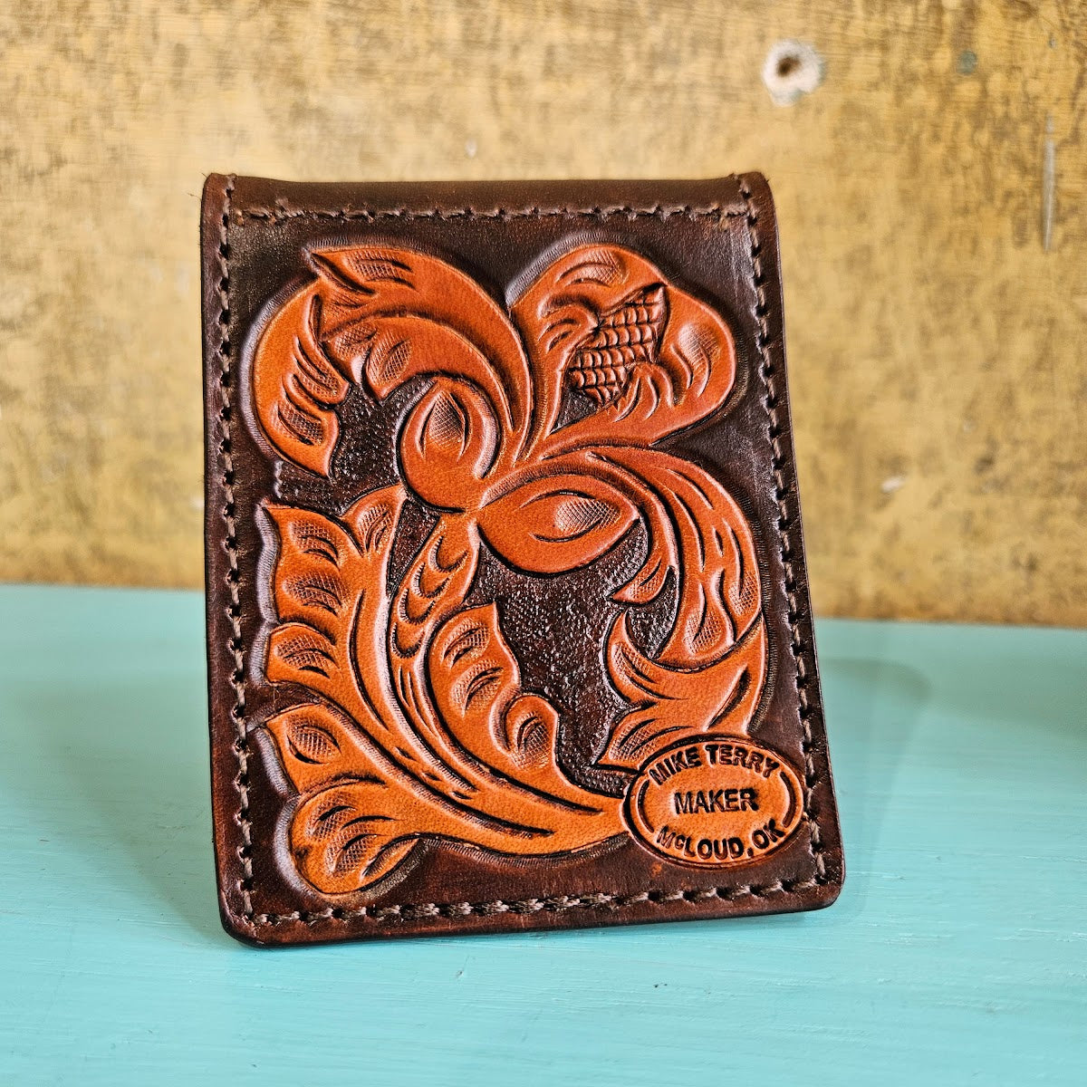 Floral Tooled Leather Money Clip